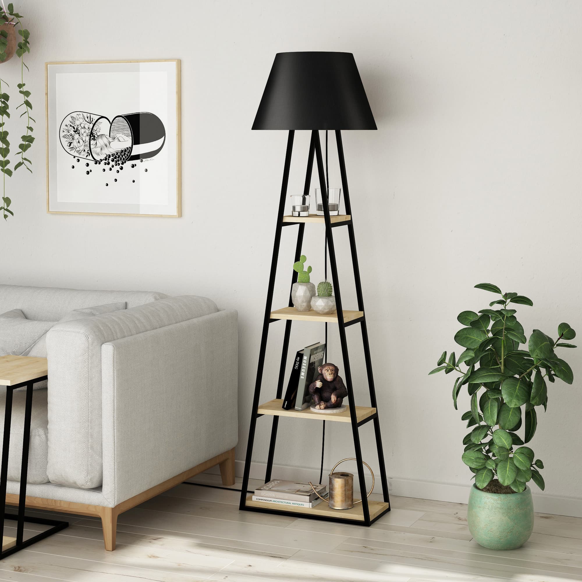 Floor lamp with Multiple shelves Black shade with Metal frame