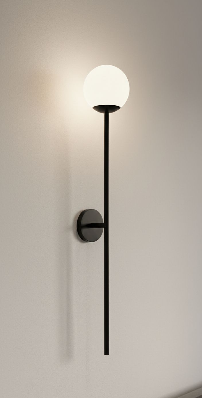 astro orb single wall light in a matt black finish with a spherical glass diffuser astro orb single wall light in a matt black finish with a spherical glass diffuser